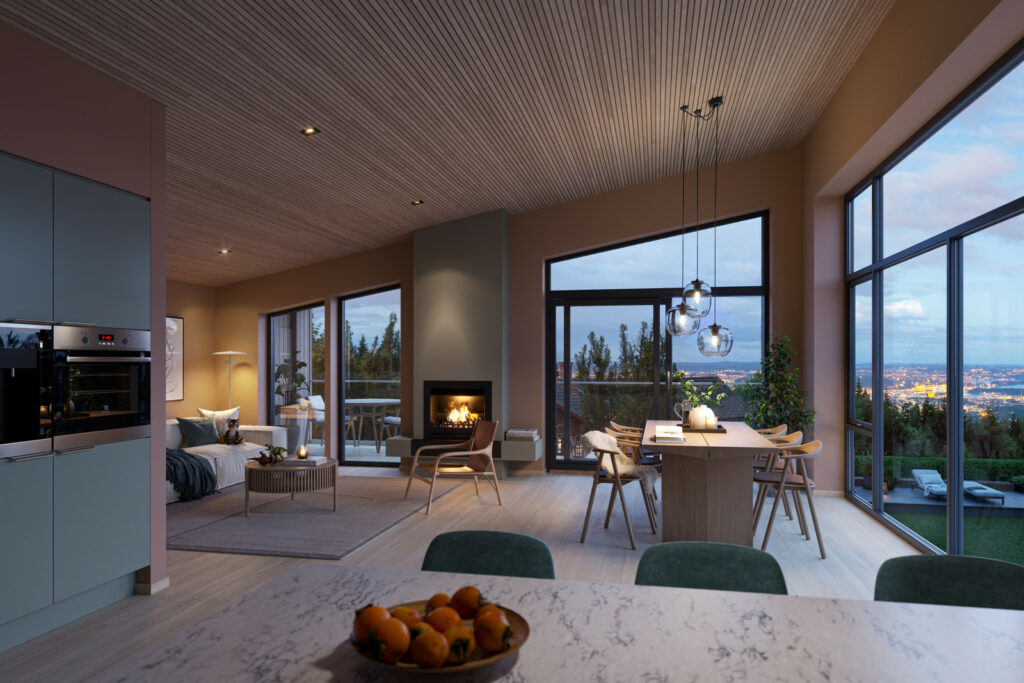 Hus og hytter fra Bygg Team - Boligpartners forhandler i Hallingdal og Valdres. Stue i husmodellen Adria.